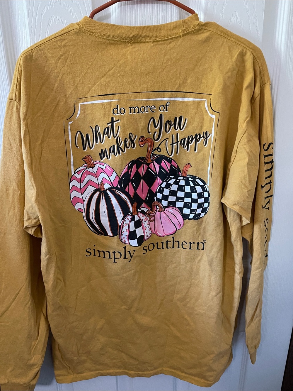 Simply Southern Mustard Yellow Long Sleeve Tee with Pink & Black Pumpkin Graphic